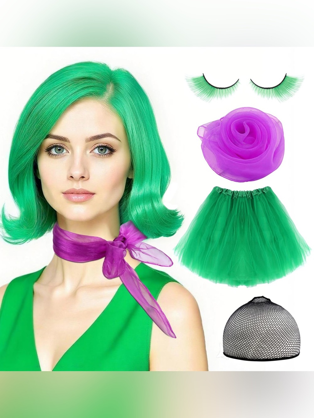 4 Piece Inside Out Disgust Costume Women’s Size OS Skirt Wig Scarf Eye Lashes